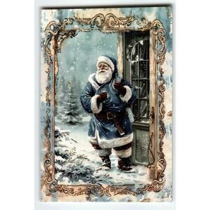 Vintage Blue Coat Santa Claus Christmas Lithograph Postcard 5.5x4 in Snowy